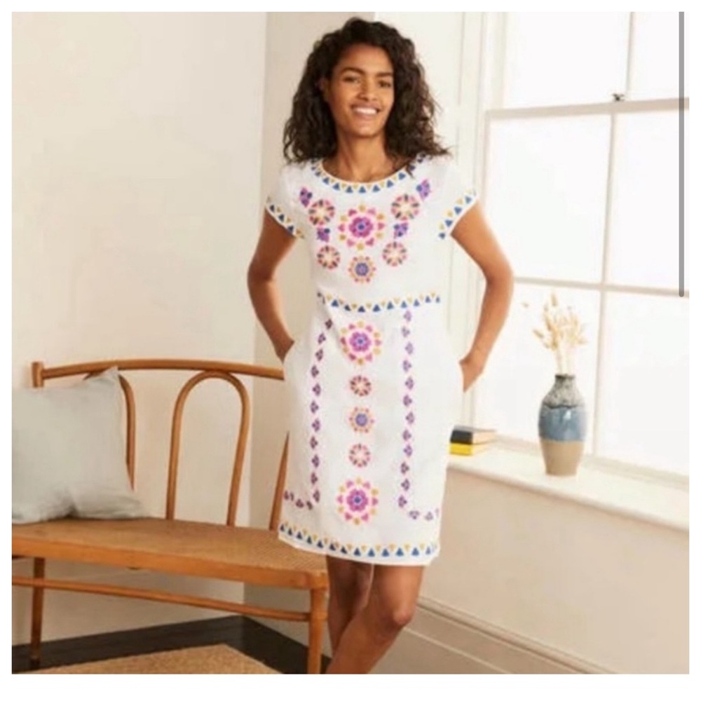 Boden Linen Laura Embroidered White Short Cap Sleeve Shift Dress US 10L; UK 14L